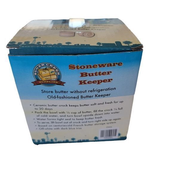 Vintage Pottery Stoneware Butter Keeper‎ Blue Trimmed Ivory NEW IN BOX - Picture 7 of 7